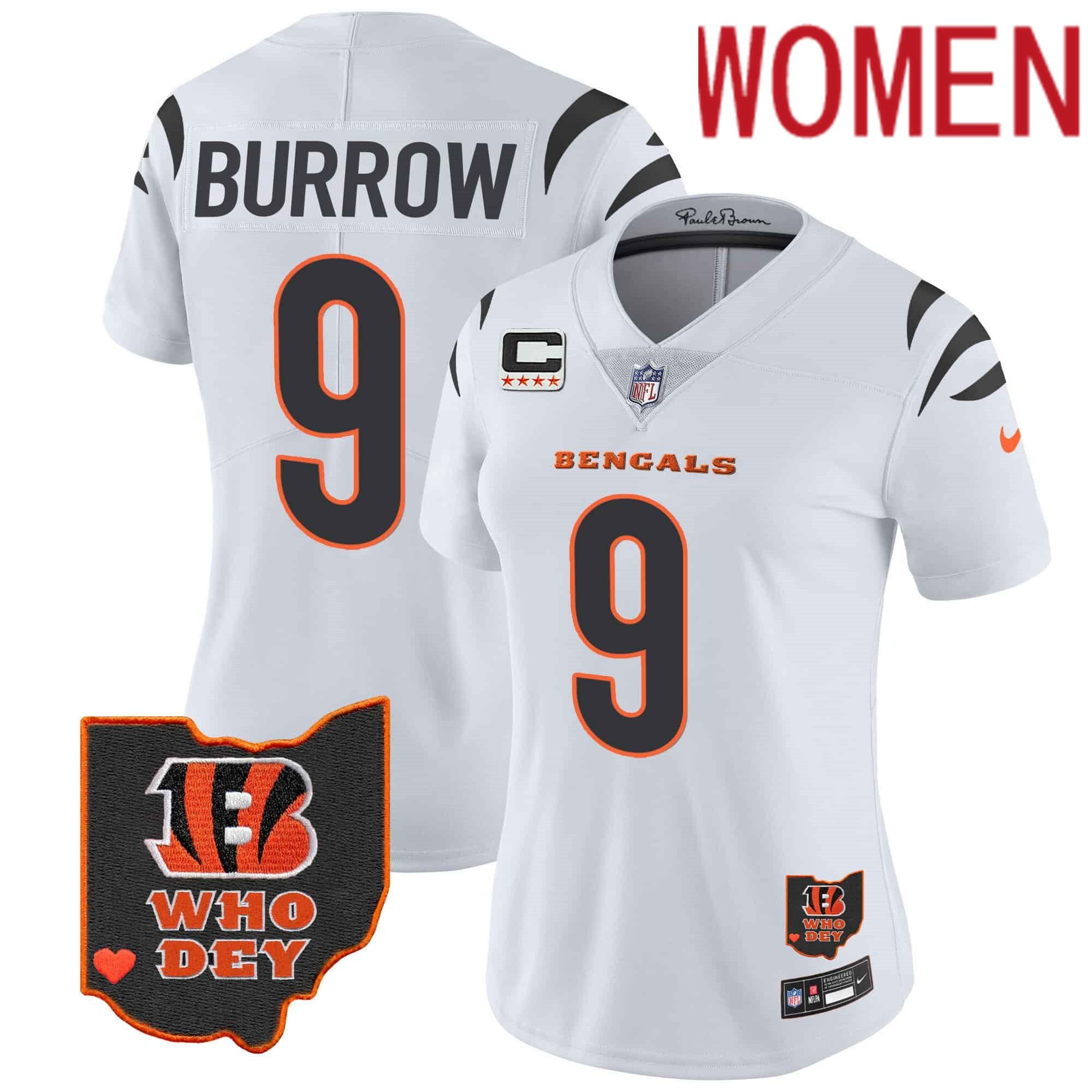 Women Cincinnati Bengals #9 Burrow White 2024 Nike Patch Vapor Limited NFL Jersey